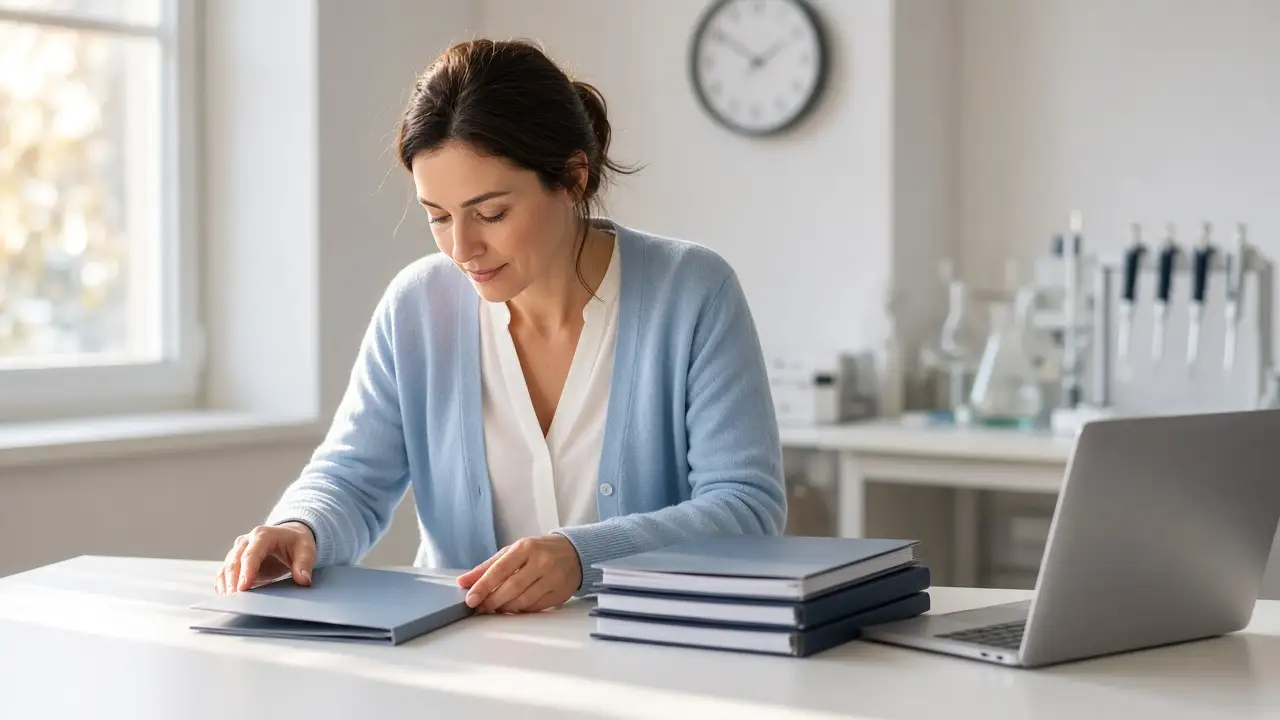A program manager closing a slim report folder, with certificate folders stacked and a lab bench behind her.